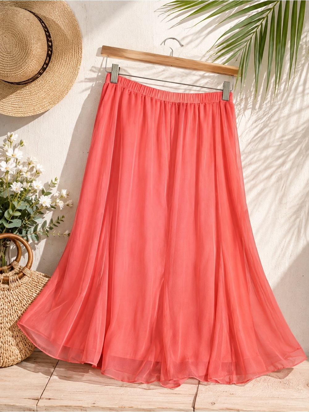NYC Design Co Woman 2X Coral Chiffon Midi Skirt Flowy Lined Plus Size